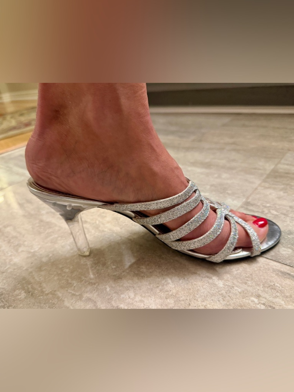 Nina Silver Glitter Multi-Strap Clear Heel Mules